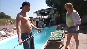 MILF with singlet and short skirt gets fucked hard by pool boy